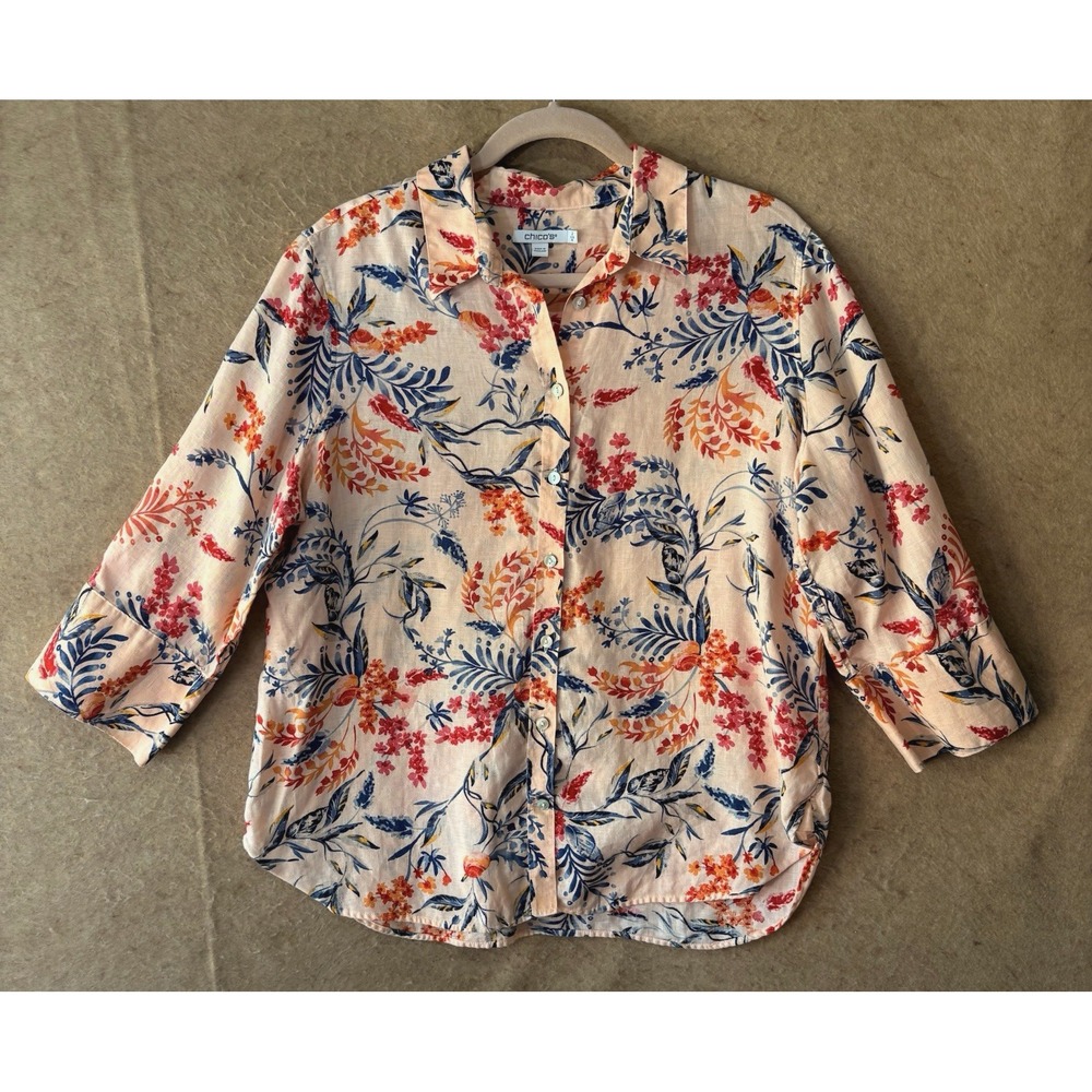 Chicos Linen Blouse Womens Sz 2 US 12 Peach Foliage Lightweight Classic